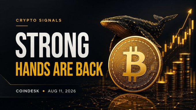 A cryptocurrency news graphic featuring a Bitcoin and a whale tail, reading 'CRYPTO SIGNALS: STRONG HANDS ARE BACK' attributed to CoinDesk, dated AUG 11, 2026.