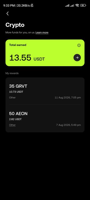 A mobile screenshot of a Crypto rewards page showing a total earned balance of 13.55 USDT, with reward entries of 35 GRVT (10.73 USDT) and 50 AEON (2.82 USDT).