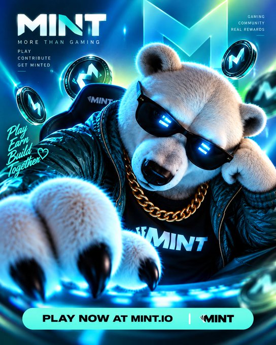 Promotional graphic for the MINT platform featuring a white bear wearing sunglasses and a gold chain, with text 'MINT MORE THAN GAMING', 'PLAY CONTRIBUTE GET MINTED', 'Play Earn Build Together', and 'PLAY NOW AT MINT.IO'.