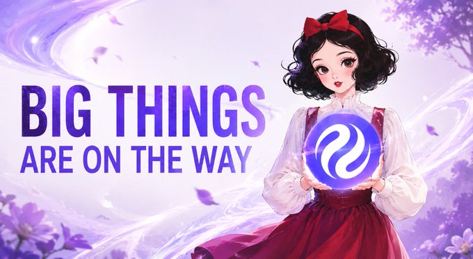 An animated character with black hair and a red bow holds a glowing purple orbs containing the Dynagen (formerly MYX) logo, with text reading 'BIG THINGS ARE ON THE WAY' against a purple floral background.