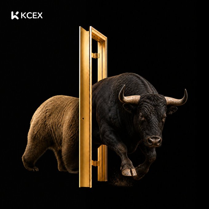 A KCEX promotional image showing a brown bear on the left side and a black bull emerging through a golden door frame on the right, symbolizing bull and bear markets against a black background.