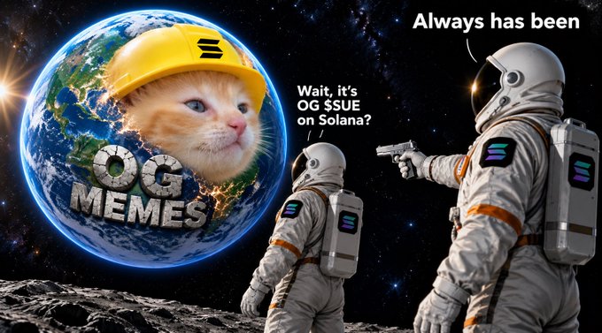 A meme featuring an orange cat wearing a yellow construction hat on Earth labeled 'OG MEMES,' being pointed at by an astronaut with text reading "Always has been" and "Wait, it's OG $SUE on Solana?"
