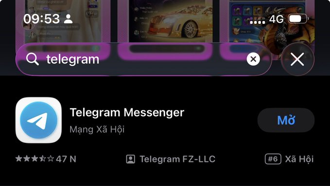 An iOS App Store screenshot showing a search for 'telegram', displaying the 'Telegram Messenger' app by 'Telegram FZ-LLC' with an 'Mở' (Open) button.
