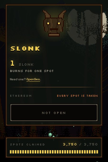 A pixelated "SLONK" NFT minting page on Clutch Markets shows all 3,750 spots claimed on the Ethereum network, with the "NOT OPEN" button indicating the user missed out on the chance to mint one.