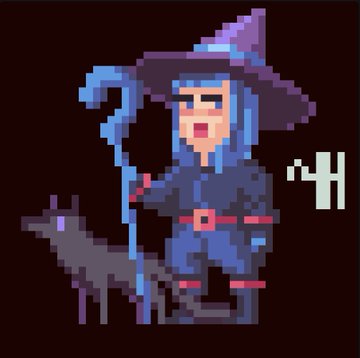 A pixel art character with blue hair, wearing a witch's hat and a dark blue robe, holds a staff and stands next to a black cat with purple ears on a black background.