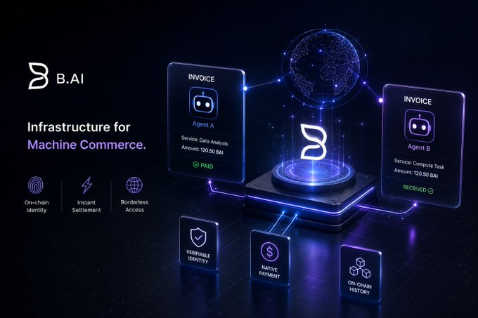 B.AI marketing graphic for 'Infrastructure for Machine Commerce' showing 3D holographic panels depicting invoice transactions between Agent A (paid) and Agent B (received), with features listed as On-chain Identity, Instant Settlement, and Borderless Access.