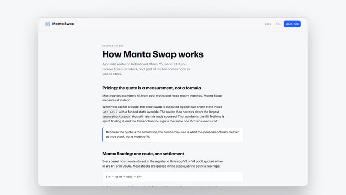 A documentation webpage from Manta Swap explaining 'How Manta Swap works' with sections on 'Pricing: the quote is a measurement, not a formula' and 'Manta Routing: one route, one settlement'.