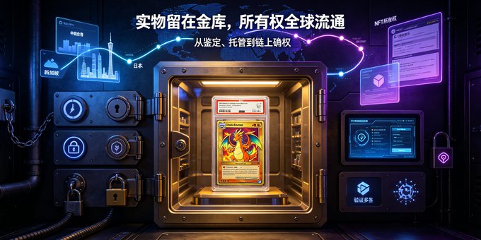 A Chinese promotional graphic with the text '实物留在金库，所有权全球流通' (Physical items stay in the vault, ownership circulates globally) showcases a graded Pokemon Charizard card in a high-security vault, surrounded by crypto/NFT-themed UI elements.