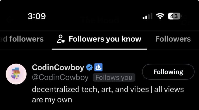 A screenshot of a Twitter/X profile showing 'CodinCowboy' (@CodinCowboy), a verified account with the bio 'decentralized tech, art, and vibes | all views are my own', displaying 'Follows you' and a 'Following' button.