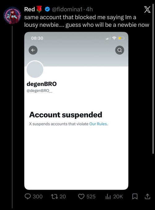 The image shows a screenshot posted by @fidomina1 of user "degenBRO" (@degenBRO_) having their X account suspended for violating platform rules. The caption mocks the user, saying the "same account that blocked me saying Im a lousy newbie...guess who will be a newbie now," tying into the post's boast about the alt account gaining traction.