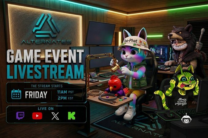 Promotional graphic for an 'ALTERNATES' game event livestream featuring an animated cat character with a 'Poo-Phat' hat, scheduled for Friday at 11AM PST/2PM EST, with social media icons for Twitch, YouTube, X, and Kick.