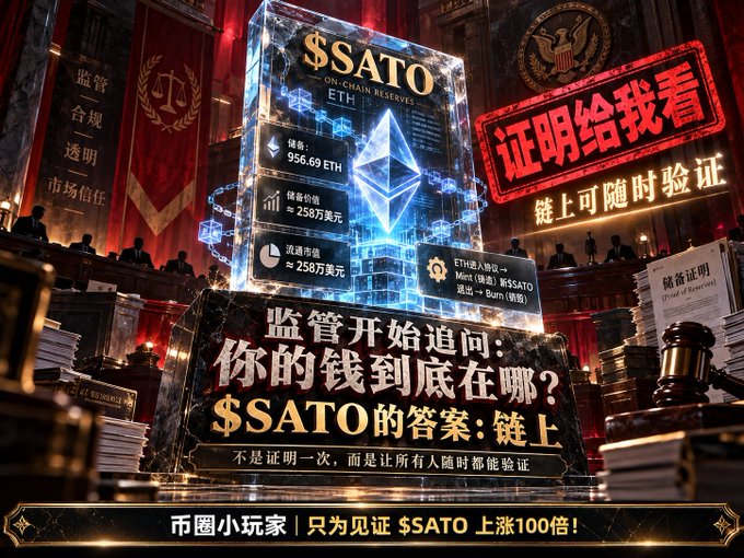 A promotional graphic for the cryptocurrency '$SATO' featuring an Ethereum logo, courtroom imagery, and Chinese text discussing on-chain reserves, proof of reserves, and a 100x price surge.