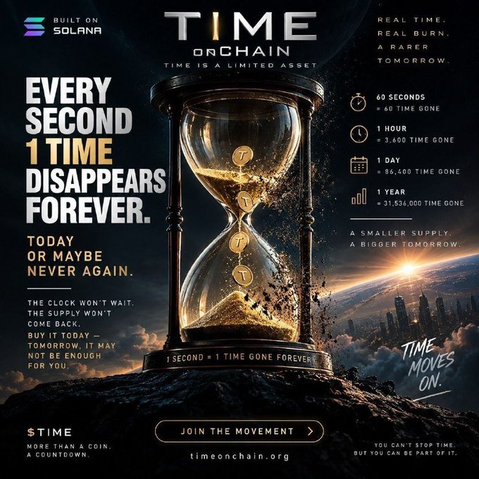 A promotional advertisement for "TIME on Chain" built on Solana features a glowing hourglass with golden tokens marked "T" falling through it, set against a cosmic backdrop with a city skyline. Bold text declares "EVERY SECOND 1 TIME DISAPPEARS FOREVER" alongside statistics showing burn rates (60 seconds = 60 TIME gone, 1 hour = 3,600, 1 year = 31,536,000), reinforcing the post's urgency about the deflationary $TIME token protocol at timeonchain.org.