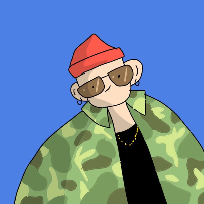 A cartoon illustration of a character wearing a red beanie, sunglasses, a black shirt, and a green camouflage jacket against a blue background.