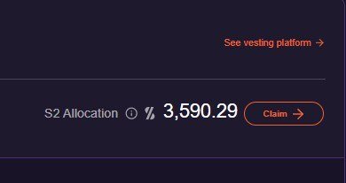 A dark interface screen displaying an 'S2 Allocation' of 3,590.29 tokens with a 'Claim' button and a 'See vesting platform →' link.