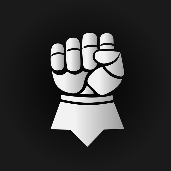 A white stylized graphic of a clenched fist and arm with a pointed base against a black background.