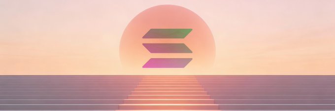 The image features a sunset with a large, colorful sun positioned at the center of the frame. The sun appears to be setting behind a series of stairs that lead up to an "S" shape. The background of the image is a gradient transitioning from light to dark purple. In the bottom right corner of the image, there are some text elements related to cryptocurrency and token trading.