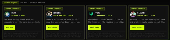 The image displays a "Live Now - Incubator Partners" dashboard featuring four Special Projects: DERP ($DERP / Entropy / VRNG), Mancer ($Mancer / Chain Markets / Anvil), Yard ($YARD / Yardkeepers / Anvil), and Sleuth ($SLEUTH / Sleuth Intel / Live). Each tile includes a brief description and a yellow action button ("Buy DERP," "Buy Mancer," "Trade Yard," and "Trade Sleuth"). This relates to the post by highlighting Sleuth as the fourth project launched, shown here with its "Live" status and a trading button, confirming the stealth launch mentioned.