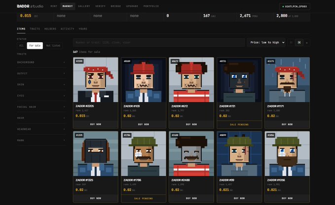 A screenshot of a pixel art NFT marketplace called 'ZADOR' displaying various character avatars with names like 'ZADOR #0206', 'ZADOR #006', and 'ZADOR #067' alongside their prices.