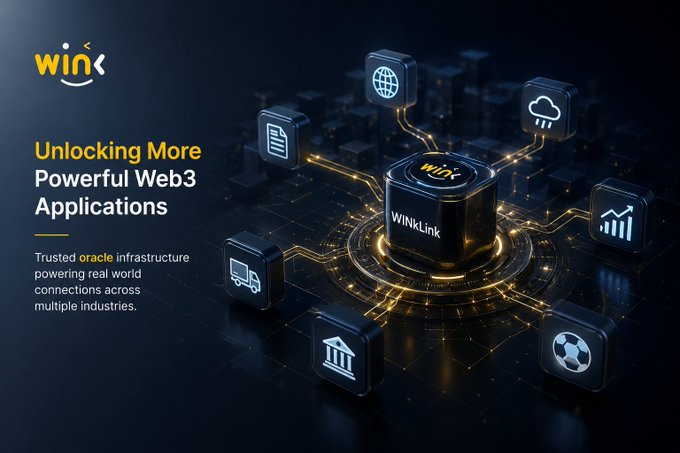 A promotional graphic for 'WINkLink' featuring the text 'Unlocking More Powerful Web3 Applications' alongside icons representing various industries connected to a central node.
