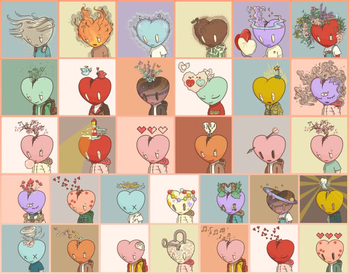 A grid of colorful illustrated characters, each featuring a heart-shaped head with various artistic designs, colors, and accessories.