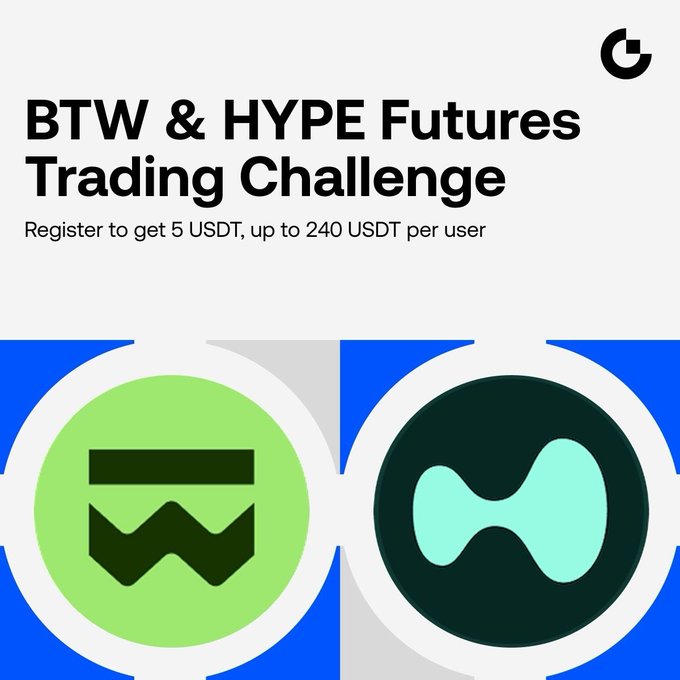 Promotional graphic for the "BTW & HYPE Futures Trading Challenge" offering a 5 USDT welcome bonus and up to 240 USDT in rewards, featuring the green BTW logo and dark teal HYPE logo against a blue background, with a "G" logo in the top right corner.