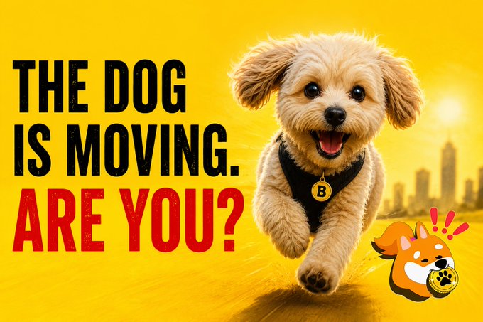 The image features a small dog running across a yellow background with the text "The dog is moving." Below this, there are two emojis representing a dog and a cat, both smiling at the camera. The caption of the image reads "Are you?".