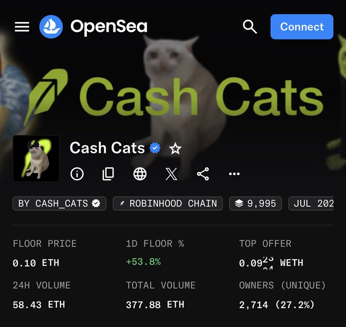 The image shows an OpenSea NFT collection page for "Cash Cats" (verified), built on Robinhood Chain with a floor price of 0.10 ETH (+53.8% in 24h), 9,995 items, and 58.43 ETH in 24H volume. The post celebrates the collection's price surge and mentions the $CASHCAT team's upcoming "letscash" launch pad, positioning Cash Cats as the mascot of Robinhood Chain.