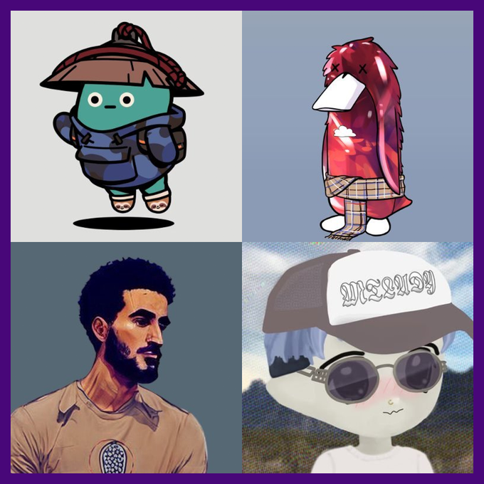 A four-panel collage featuring cartoon characters: a teal figure with a straw hat, a red hooded character, a stylized portrait of a bearded man, and a cute cartoon character wearing sunglasses and a 'MISERY' cap.