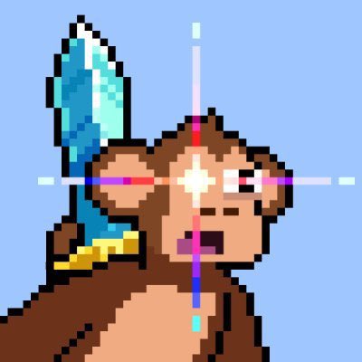 A pixel art image of a monkey holding a blue glowing crystal, with a crosshair targeting overlay on its face.
