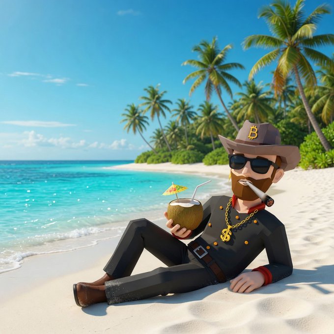 A 3D cartoon of a bearded "Bitcoin B" cowboy relaxes on a tropical beach sipping a coconut drink with a cigar and gold chain, embodying a relaxed, bullish GM vibe amid market dips.