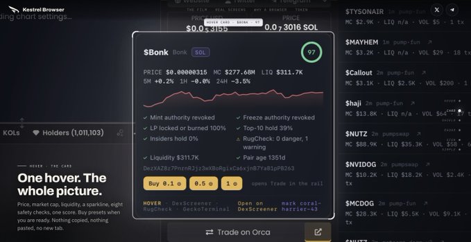 A trading interface showing token '$Bonk' with a price of $0.00000315, market cap $277.68M, liquidity $311.7K, and rugcheck score of 97, featuring tags like 'Mint authority revoked', 'LP locked or burned 100%', 'Insiders hold 0%', and 'Freeze authority revoked' alongside a list of other meme tokens.