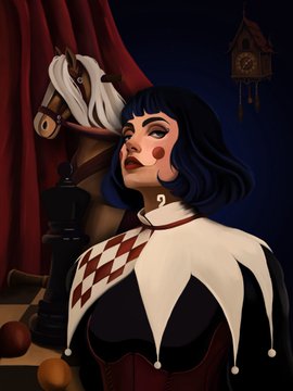 Stylized digital portrait of a woman with short blue hair, clown-like makeup, and a jester-style outfit, standing beside a carousel horse.