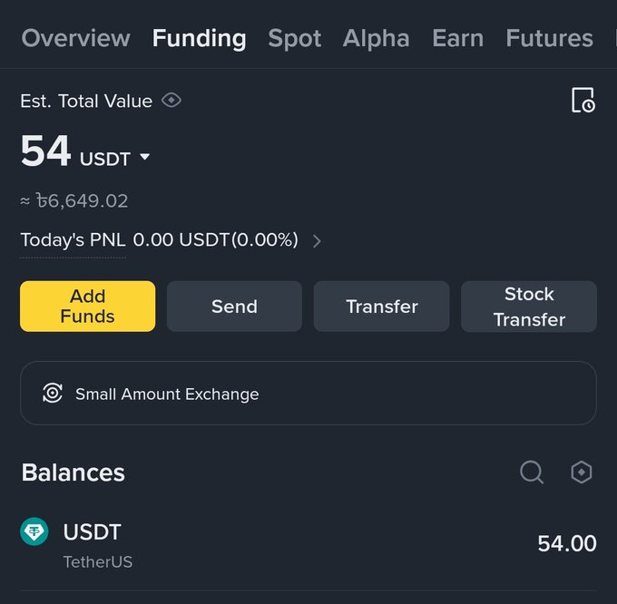 A screenshot of a cryptocurrency exchange interface showing the 'Funding' tab with an estimated total value of 54 USDT (approximately 6,649.02) and a USDT balance of 54.00.