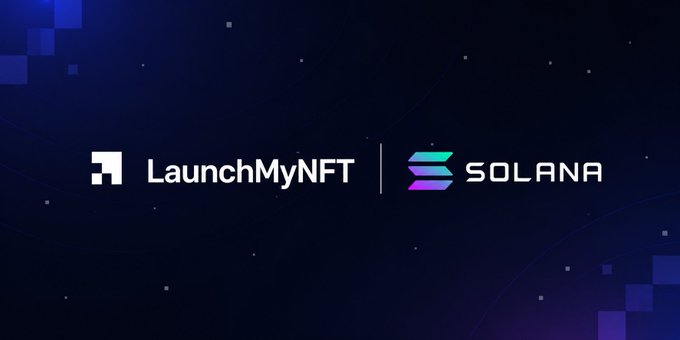 The image displays the logos of "LaunchMyNFT" and "Solana" side-by-side on a dark blue background, visually representing the partnership announcement that LaunchMyNFT has decided to remain on the Solana blockchain.