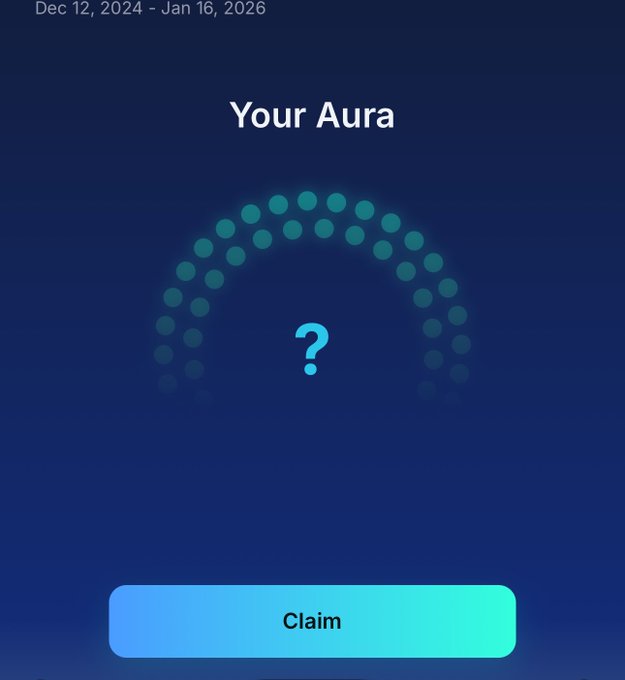 The image shows a mobile app screen titled "zindoriyam" with a verified checkmark, featuring an aura point meter displayed as a half-circle of dots above a central question mark, and a "Claim" button at the bottom. The date range "Dec 1, 2024 - Jan 16, 2025" is visible, contextualizing it as a platform for claiming accumulated aura points.