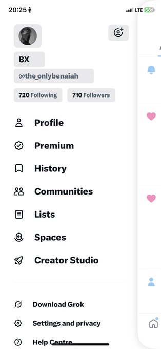 A screenshot of the X (Twitter) app menu showing the profile 'BX' (@the_onlybenaiah) with 720 Following and 710 Followers, alongside options like Profile, Premium, History, Communities, Lists, Spaces, and Creator Studio.