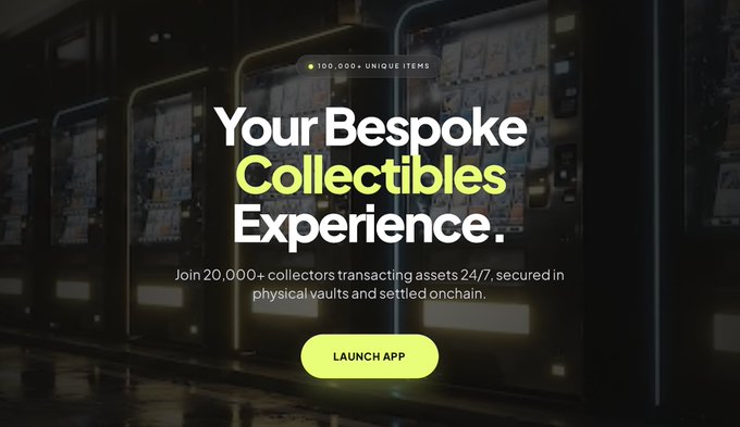 The image features a dark warehouse filled with storage vaults as the backdrop for an advertisement reading "Your Bespoke Collectibles Experience" with the highlight "100,000+ Unique Items" and "20,000+ collectors transacting assets 24/7, secured in physical vaults and settled onchain," accompanied by a "LAUNCH APP" button. The visual reinforces the post's message by literally depicting physical vault storage alongside onchain digital infrastructure, bridging traditional collectible preservation with modern blockchain-enabled trading.