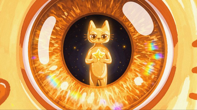 A golden cat-like character holding a glowing star is centered inside a fiery, gem-encrusted coin. The image symbolizes the “beautiful golden cat coin,” suggesting holders may regret selling at large losses and miss future profits.