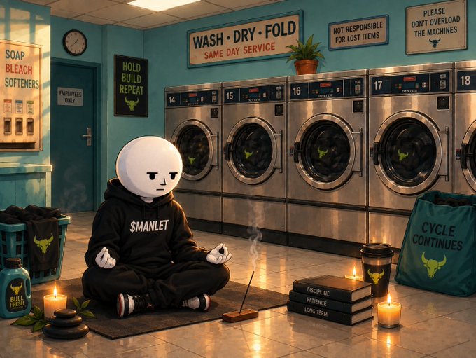Digital artwork depicting a white spherical-headed character wearing a '$MANLET' hoodie meditating in a laundromat surrounded by bull-themed branding, candles, and books titled 'Discipline', 'Patience', and 'Long Term'.