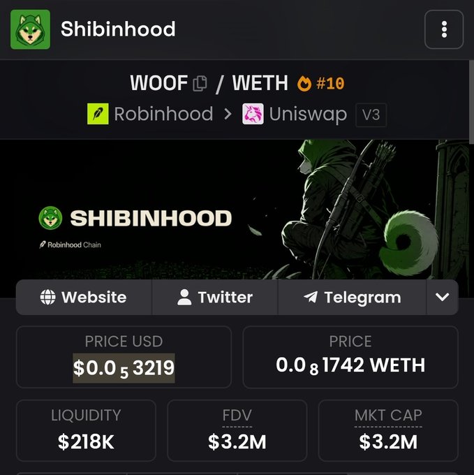 A cryptocurrency tracking page displaying information for the token "SHIBINHOOD" (WOOF), showing a price of $0.053219 USD and a market cap of $3.2M, with a hooded archer illustration in the background.