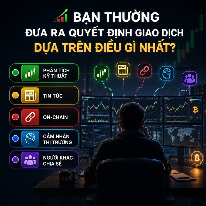 Vietnamese-language infographic asking 'BẠN THƯỜNG ĐƯA RA QUYẾT ĐỊNH GIAO DỊCH DỰA TRÊN ĐIỀU GÌ NHẤT?' listing five factors: phân tích kỹ thuật, tin tức, on-chain, cảm nhận thị trường, and người khác chia sẻ.