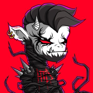 A stylized cartoon illustration of a demonic character with horns, sharp teeth, and spiky black hair against a bright red background.