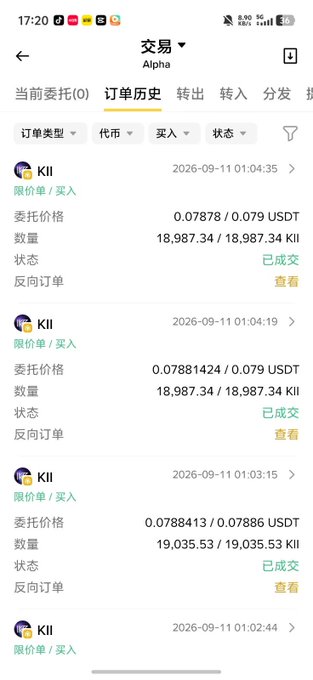 The image shows a Binance Alpha order history page displaying multiple "已完成" (completed) limit buy orders for the KII/USDT trading pair, with purchase prices around 0.0788 USDT and quantities of approximately 18,987–19,035 KII each. This supports the post by providing concrete transaction evidence of active KII trading activity on Binance Alpha, aligning with the claim of rising volume and price momentum.