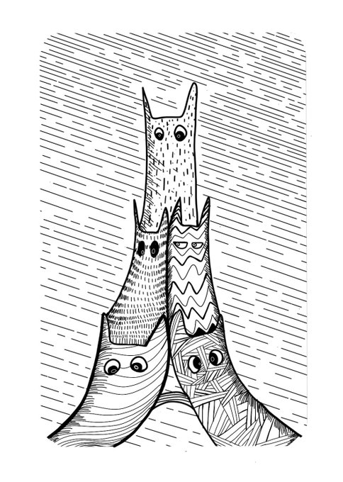A black and white line drawing depicts a tall, surreal tower-like creature with eyes and jagged edges, set against a background of diagonal hash marks.