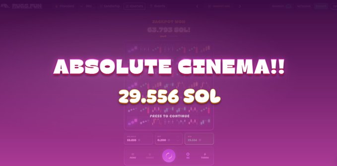 A Sol.fun gambling game screen showing 'ABSOLUTE CINEMA!!' with a jackpot win of 29.556 SOL displayed in retro-style pixelated text on a purple background.
