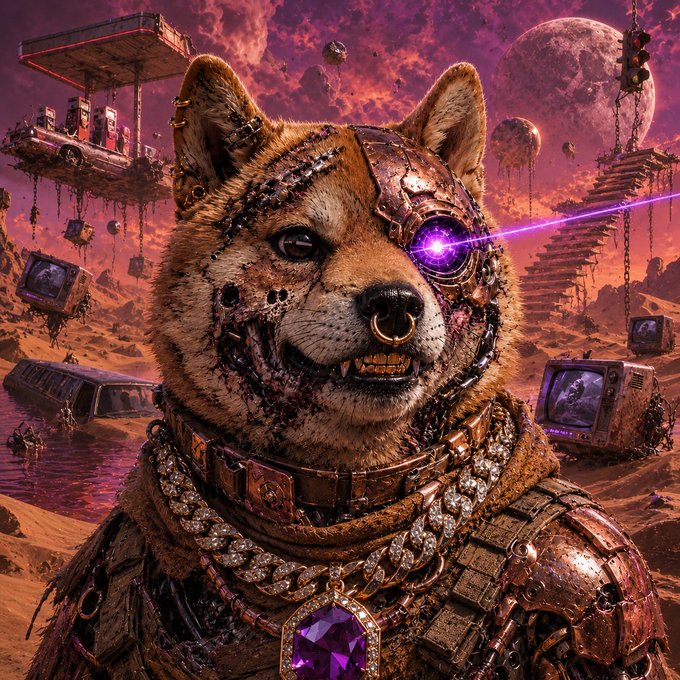 A cyberpunk-style digital artwork of a battle-scarred Shiba Inu dog wearing armor, diamond chains, and a glowing purple cybernetic eye, set against a post-apocalyptic background with a pink moon.