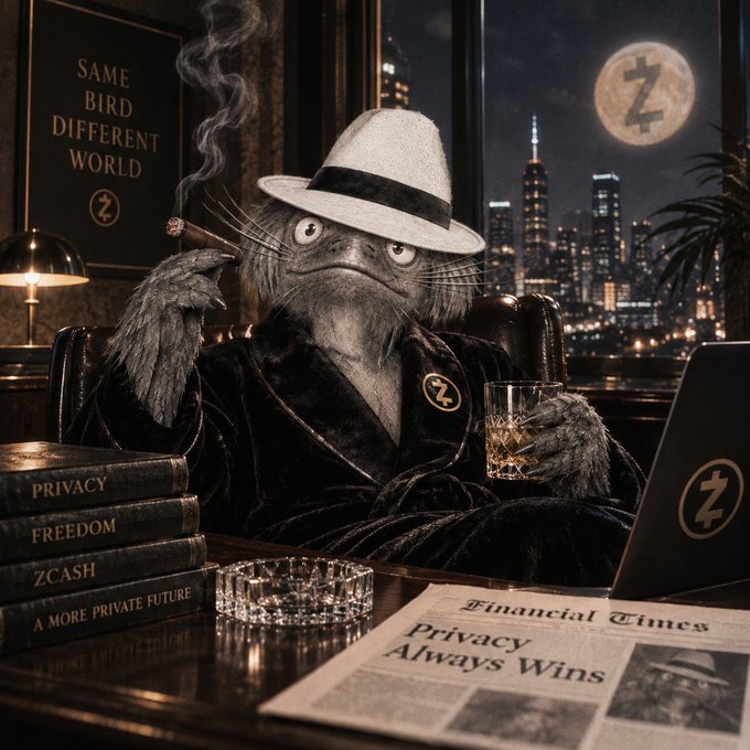 A bird in a fedora smoking a cigar sits in a luxurious office with Zcash logos, books labeled "Privacy," "Freedom," and "Zcash: A More Private Future," and a Financial Times newspaper reading "Privacy Always Wins." The image ties to the post by presenting Zcash as a privacy-focused meme coin ("Jubjub") whose dedicated account ensures its longevity, reinforcing the text's claim that this crypto won't suffer the typical meme coin neglect.