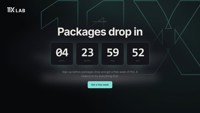 A dark website page from '1X LAB' features a countdown timer showing 04 days, 23 hours, 59 minutes, and 52 seconds until 'Packages drop in', with a 'Get a free week' button.