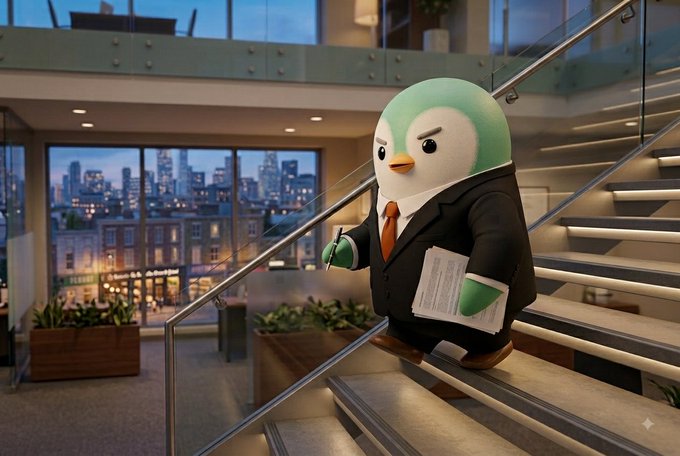 A penguin character dressed in a business suit with an orange tie walks up a staircase holding papers, set in a modern office atrium with a cityscape visible through the windows.